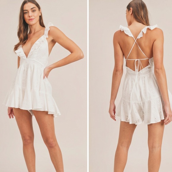 Mable Pants - Mable White Eyelet Ruffle Lace Up Back Romper Medium Cottagecore Summer‎ Bridal
